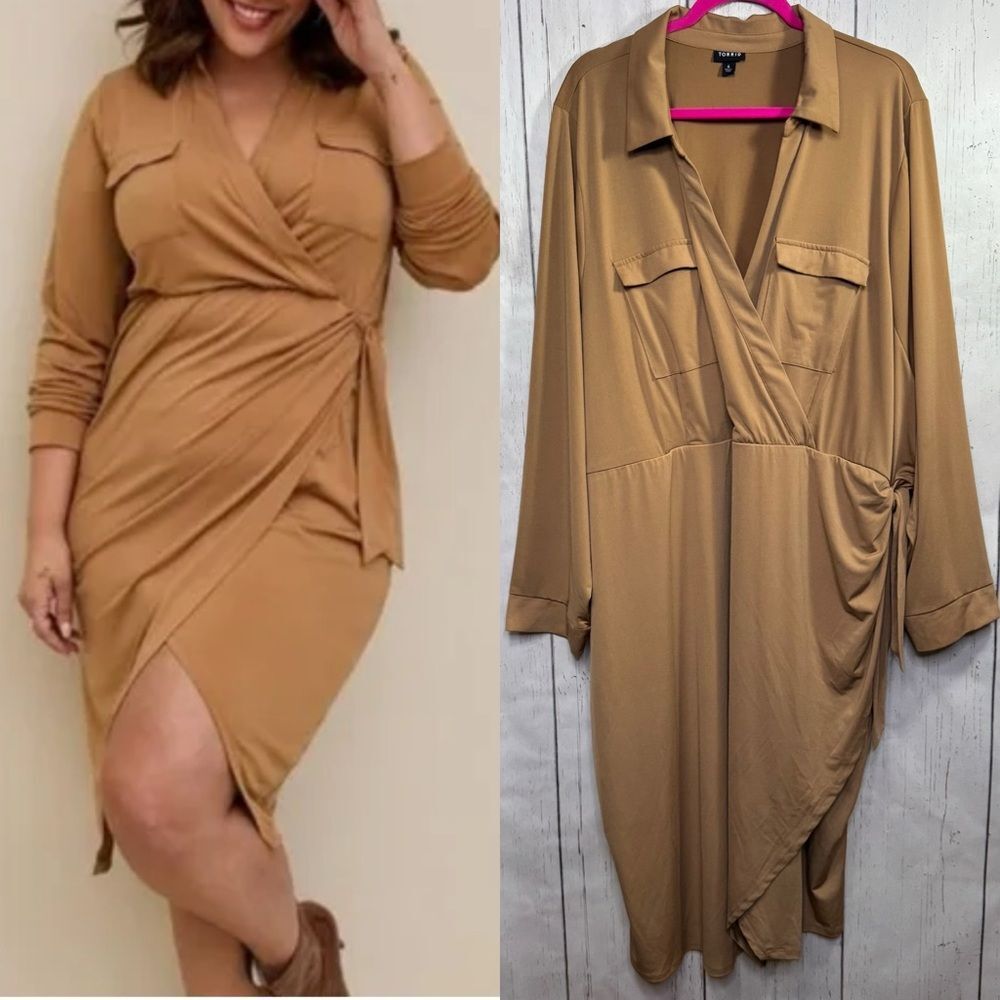 Torrid Tan Wrap Midi Shirt Dress Surplice Cuffed Long Sleeves V Neck Stretchy